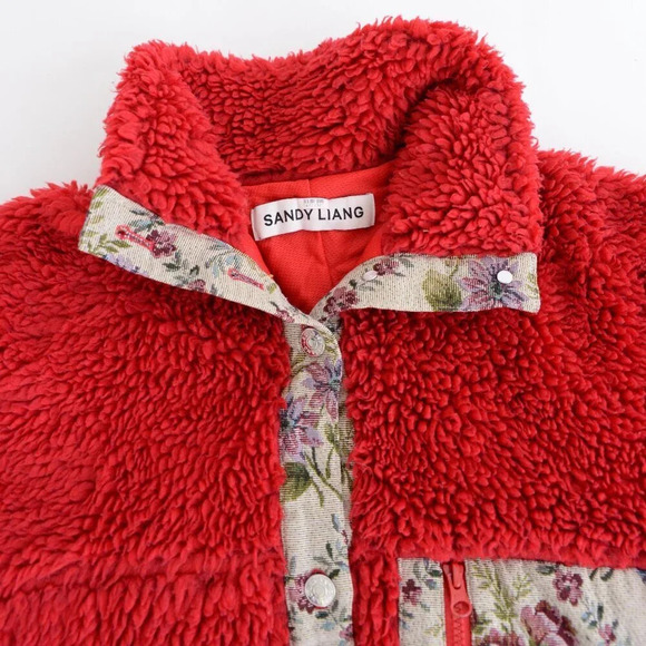 Sandy Liang Boxbox Red Fleece Snap Front Floral Patchwork  Teddy Bear Jacket M - Picture 10 of 13